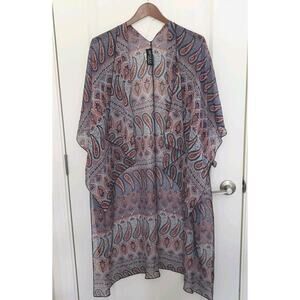Artizan Robin Barre Long Sheer Open Kimono Womens O/S Blue Gray Paisley Boho